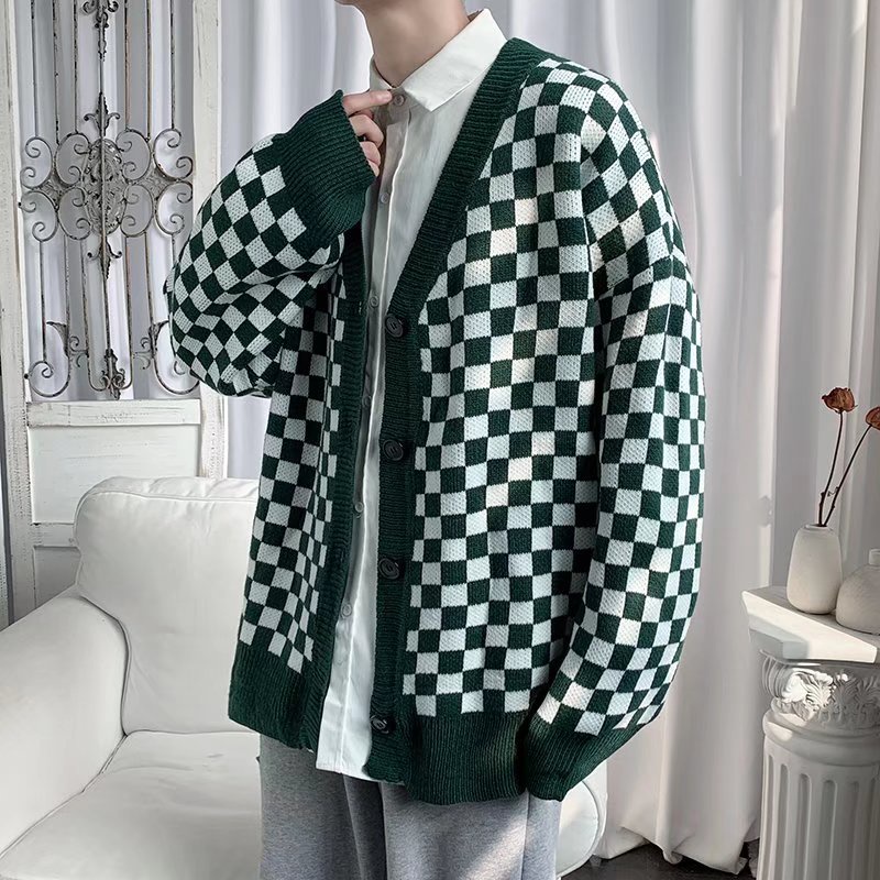 Áo khoác cardigan dệt kim mỏng in hoạ tiết caro phong cách mùa xuân học đường cho nam và nữ