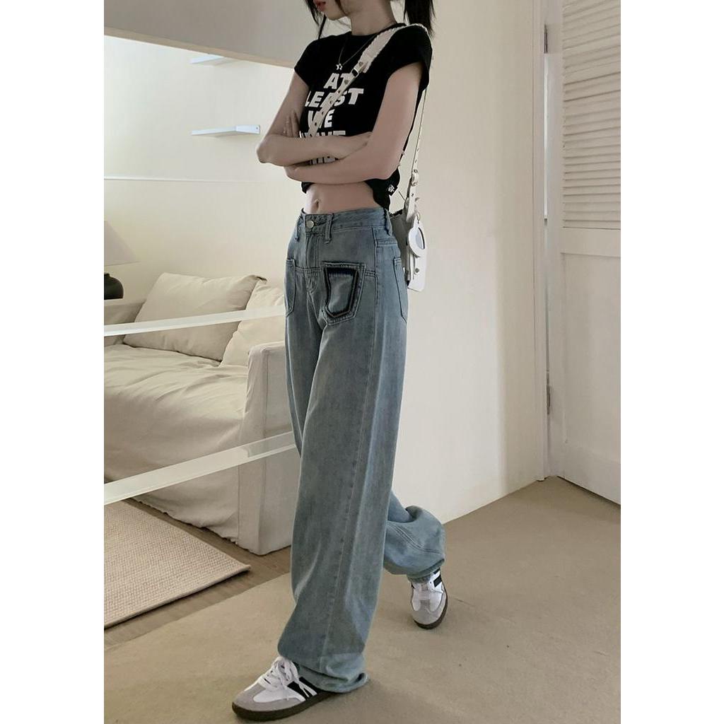 Quần Jean Ống Rộng Lưng Cao Có Túi Màu Sắc Tương Phản Phong Cách Thời Trang Mới 64186