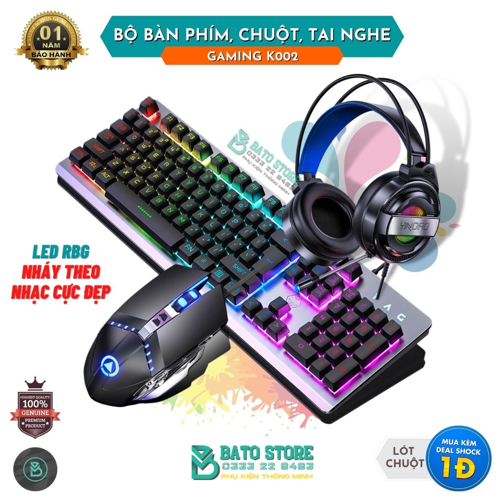 (LED NHÁY THEO NHẠC) Combo Bộ Bàn Phím Gaming 1AC K002, Tai nghe Gaming Led Có MIC, Chuột Gaming Led RBG G3Pro