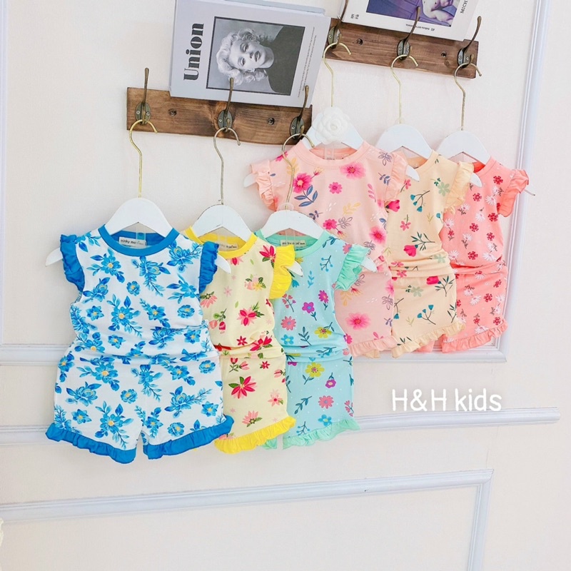 NT090 Bộ cộc thun lạnh Minky Mom tay cánh tiên quần bèo cho bé gái in hoạ tiết hoa