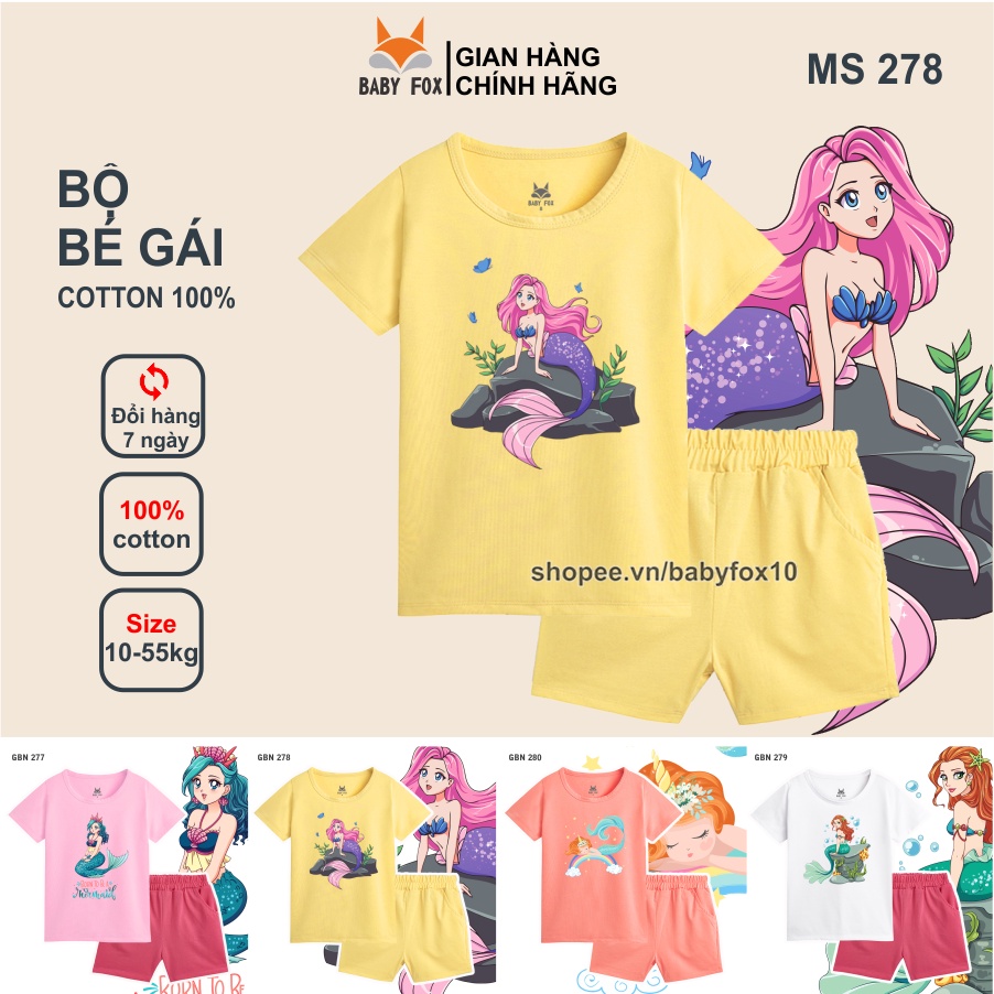 Bộ thun bé gái 100% cotton vải tốt, thương hiệu BABY FOX, in hình nàng tiên cá, size nhỏ, trung, đại c