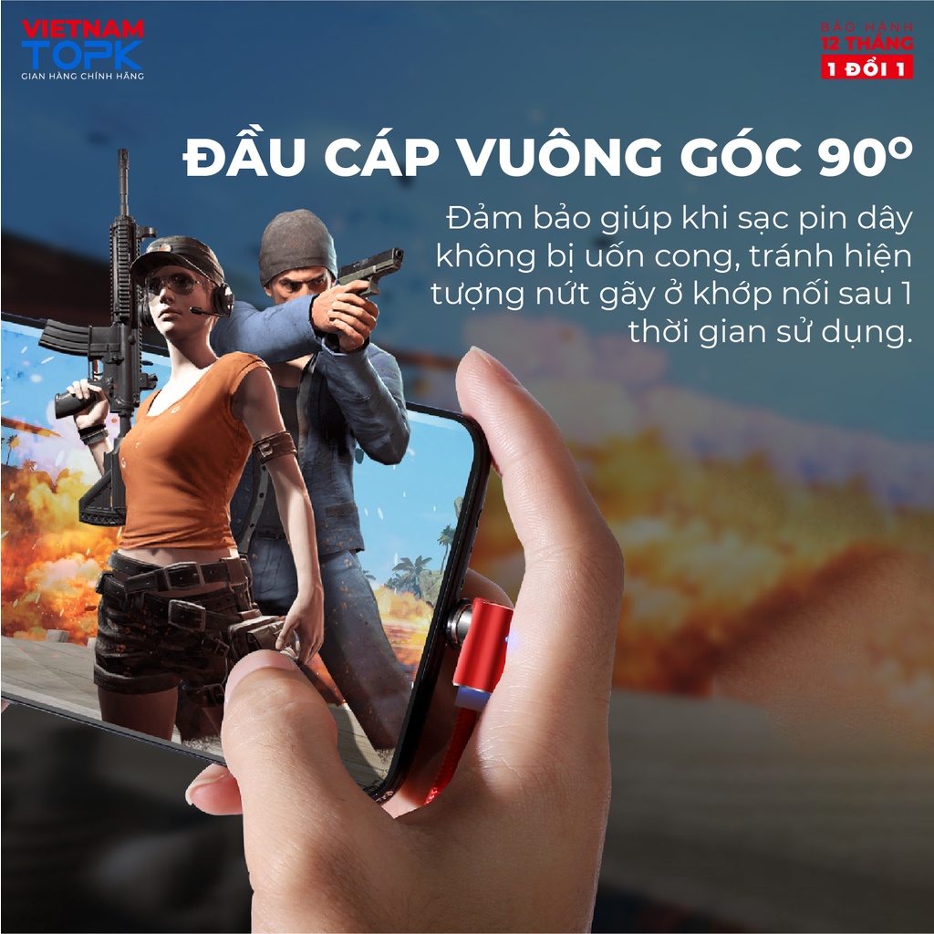 Dây sạc nam châm TOPK AM51 - Đầu vuông góc có đèn LED Hàng Bảo hành 12 tháng