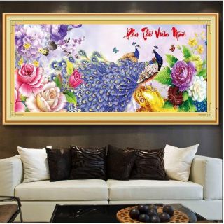 Tranh thêu chữ thập chim công phu thê viên mãn MN0029 (148x68)  MN0030 (190×88)