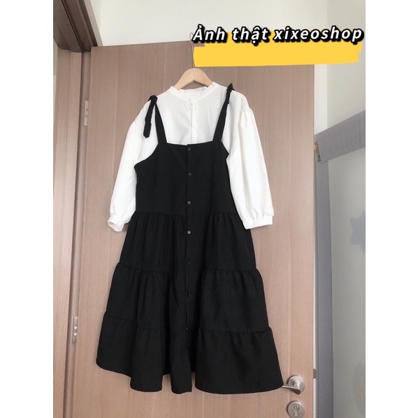 Váy yếm nữ kèm áo sơ mi trắng phong cách Hàn Quốc xixeoshop - v1 | BigBuy360 - bigbuy360.vn
