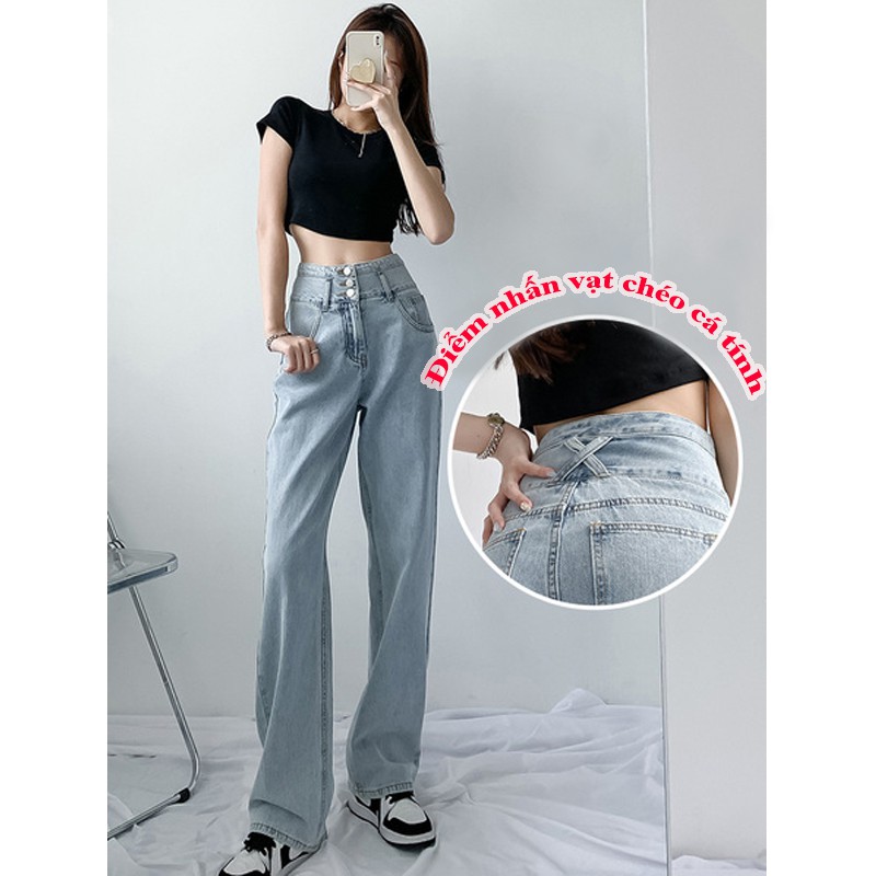 Quần Jean Nữ Cạp 3 Cúc Màu Xanh Bạc Lưng Cao Ống Suông Dài Phom Rộng Phong Cách Hàn Quốc Chất Vải Co Dãn Cao Cấp Loại 1 | BigBuy360 - bigbuy360.vn