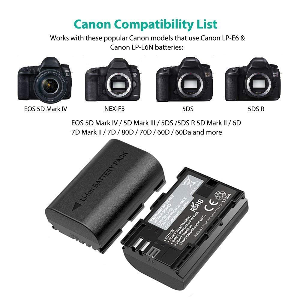 Pin và sạc Canon LP-E6, E6N - RAVPOWER RP-BC003 cho Canon EOS R/ 6D / 6D II / 5D IV / 5D III / 5DS / 5DS R / 5D II