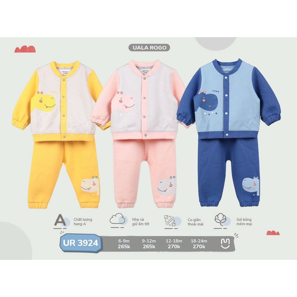 Bộ Uala Rogo Cotton cúc giữa hà mã viền tay màu dài tay cao cấp thấm hút tốt cho bé trai bé gái 3924