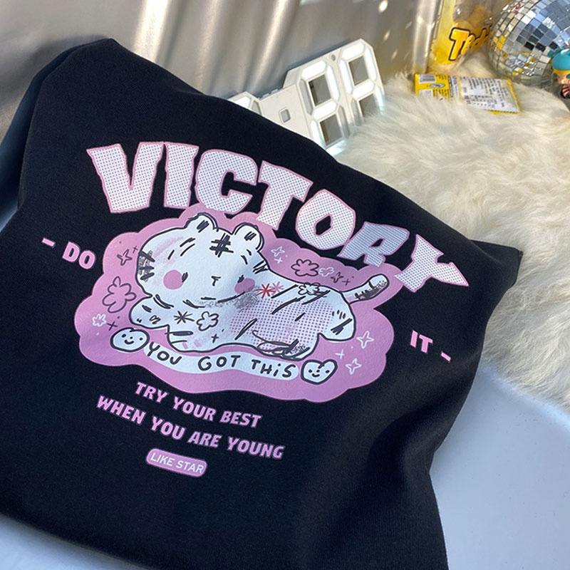 NRVP Áo thun tay ngắn cổ tròn in hình mèo 100% từ cotton thời trang phong cách Hàn Quốc cho nữ