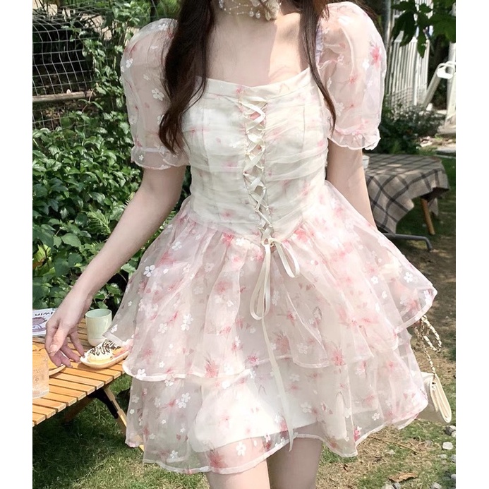 🌷 Váy Hoa Nhí Hồng Dáng Xoè Tầng Tay Phồng Thắt Dây Tiểu Thư Xinh Xắn