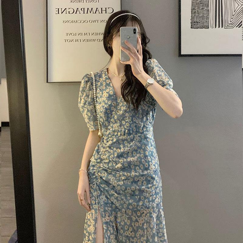 Đầm Dài Xẻ Tà In Họa Tiết Hoa Phong Cách Pháp Cổ Điển Thiết Kế Mới Thời Trang Cho Nữ