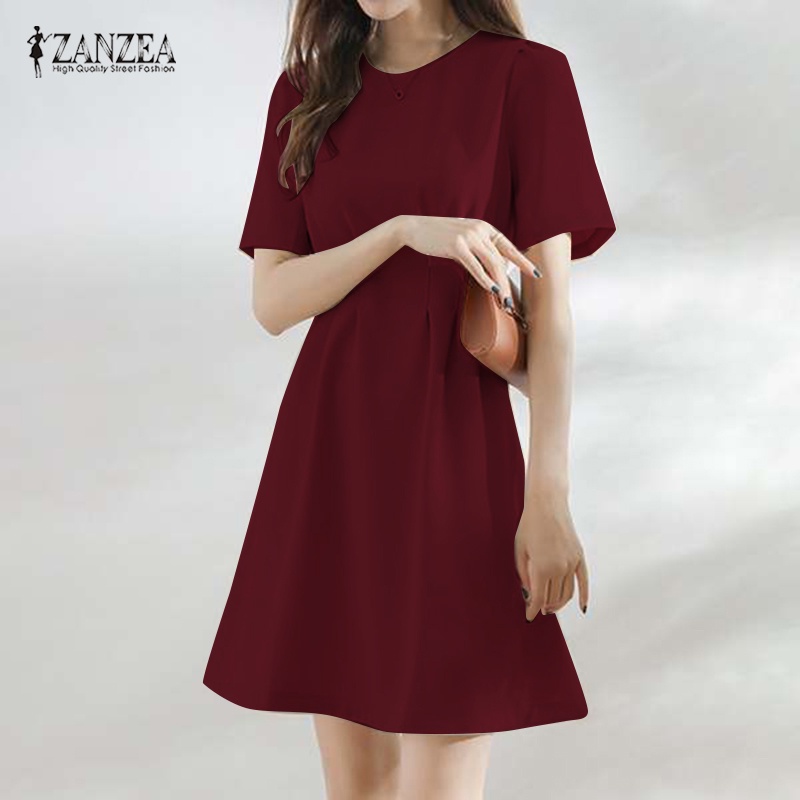 Đầm Zanzea dài ngang gối tay ngắn cổ tròn phong cách Hàn Quốc thanh lịch dành cho nữ