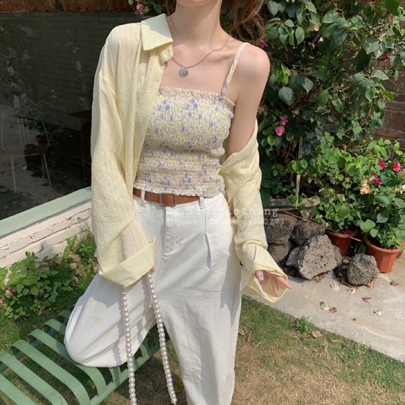 Set áo sơ mi mỏng và áo hai dây dún hoa ulzzang