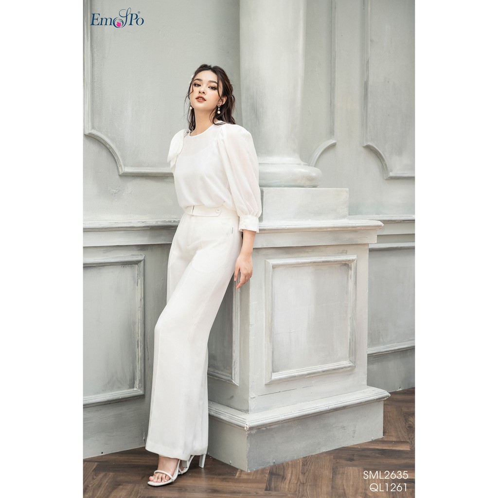 Áo Sơ mi cổ tròn Emspo Milestone, tay bồng, nơ cài, lót áo dây SML2635