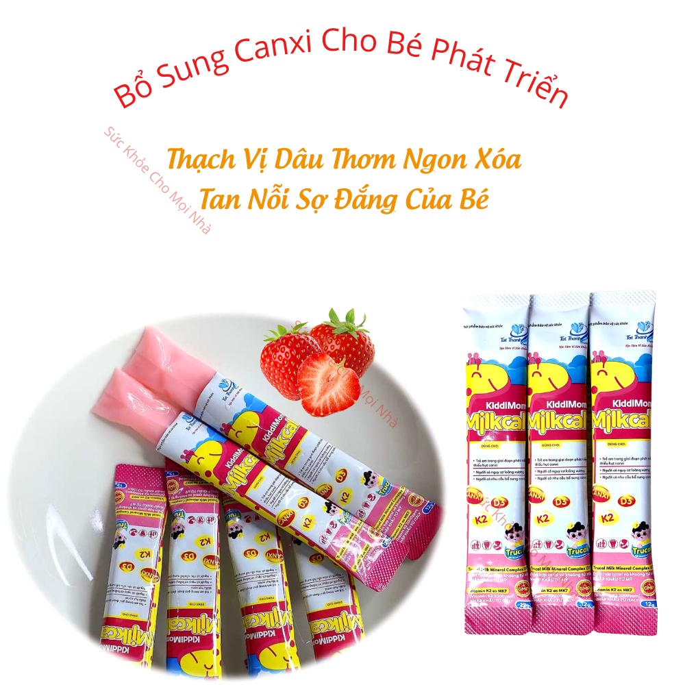 Thạch Milkcal KiddiMom hương dâu bổ sung canxi K2 D3 cho trẻ em và người lớn hỗ trợ phát triển xương răng 15 gói