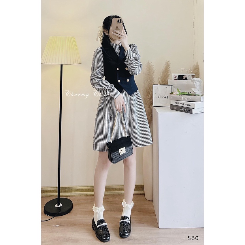 Sét bộ váy kẻ sọc đen dáng midi xòe nhẹ nhàng dài tay cổ sơ mi mix áo gile xanh cúc đồng dáng ngắn màu basic chanh xả