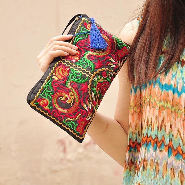 Túi cầm tay bằng vải canvas thêu họa tiết thổ cẩm cổ điển dành cho nữ
