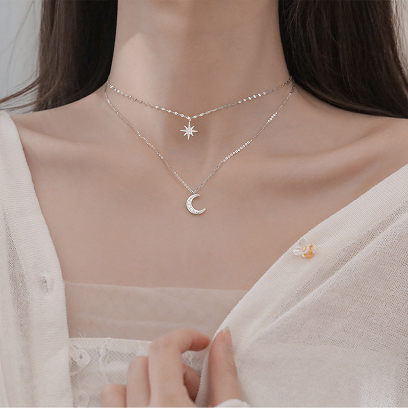 MANYUE Vòng cổ Hai Lớp Hình Trăng Sao Đính Đá Zircon Phong Cách Hàn Quốc Thời Trang Cho Nữ