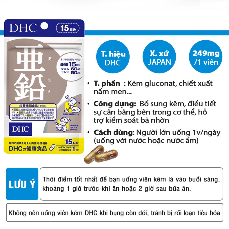 Viên uống kẽm DHC Nhật Bản hỗ trợ giảm mụn tăng cường đề kháng thực phẩm chức năng gói 15 ngày, 30 ngày Zinc TM-DHC-ZIN