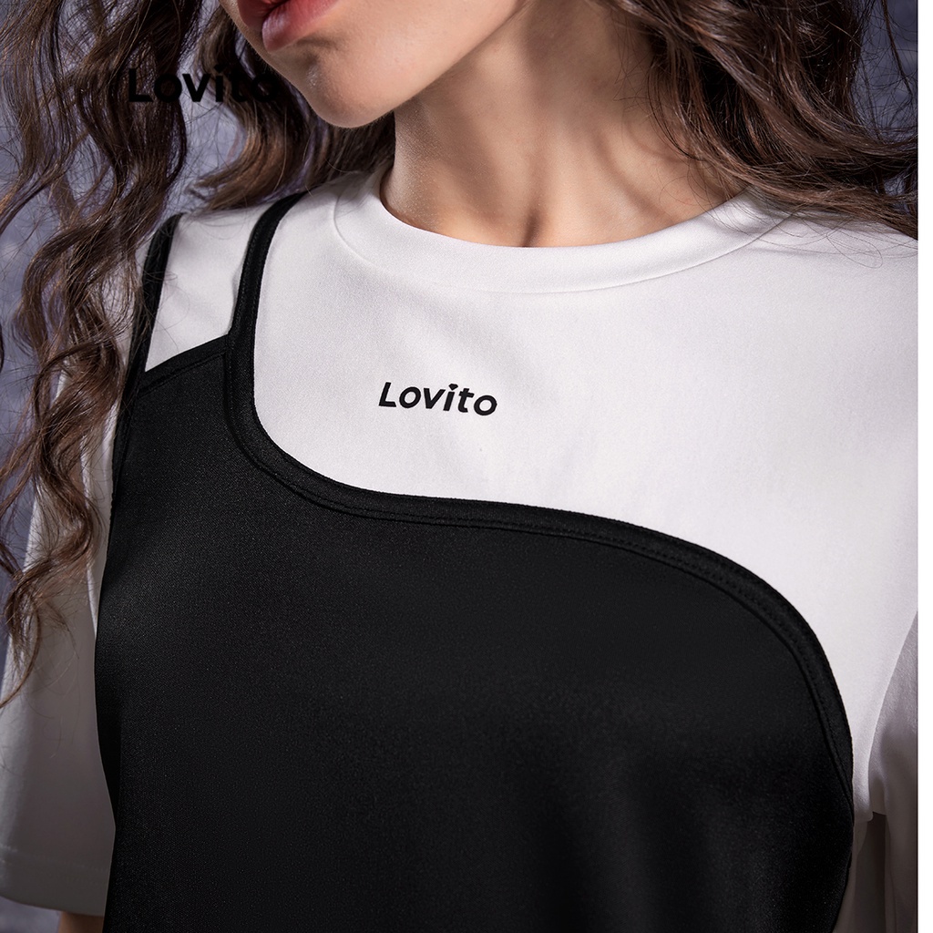 Lovito STAR GIRL Vá vá thường Khâu áo thun nữ cổ tròn L32AE054 (Đen trắng)