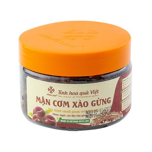 Ô mai (xí muôi) mận cơm xào gừng Hồng Lam, dạng hộp (200gr, 300gr, 500gr). Có vị chua, ngọt , cay dịu của gừng