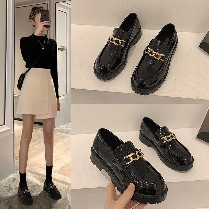[SẴN FULL SIZE] Giày Oxford Lolita nữ ĐEN BÓNG cao 3,5cm phong cách thời trang trẻ cá tính mix dây xích