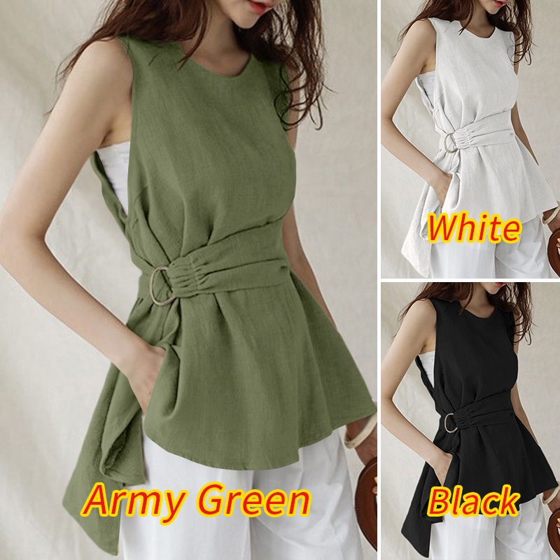 Áo Kiểu ZANZEA Cổ Tròn Màu Trơn Không Tay Có Thắt Lưng Cho Nữ Mặc Thường Ngày