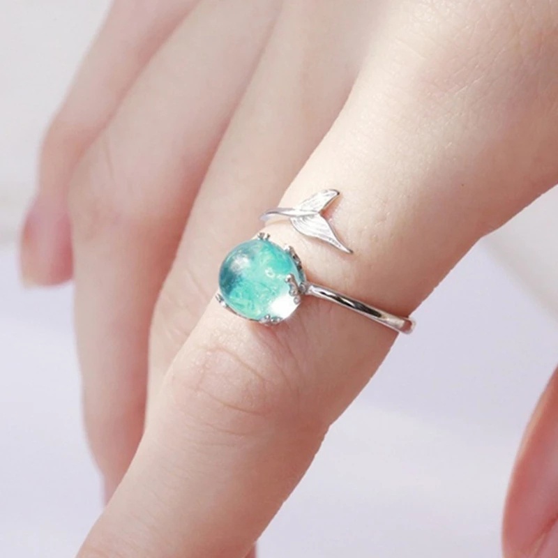 Nhẫn Hở Tùy Chỉnh Mặt Hình Đuôi Nàng Tiên Cá Đính Đá Pha Lê Xanh Dương Thời Trang Sáng Tạo Dành Cho Nữ/ Quý Cô
