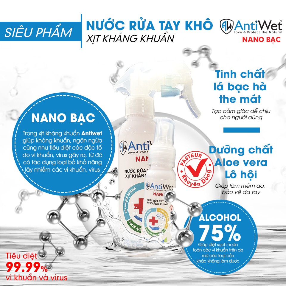 XỊT KHÁNG KHUẨN ANTIWET NANO BẠC, DIỆT VI KHUẨN 99,99%