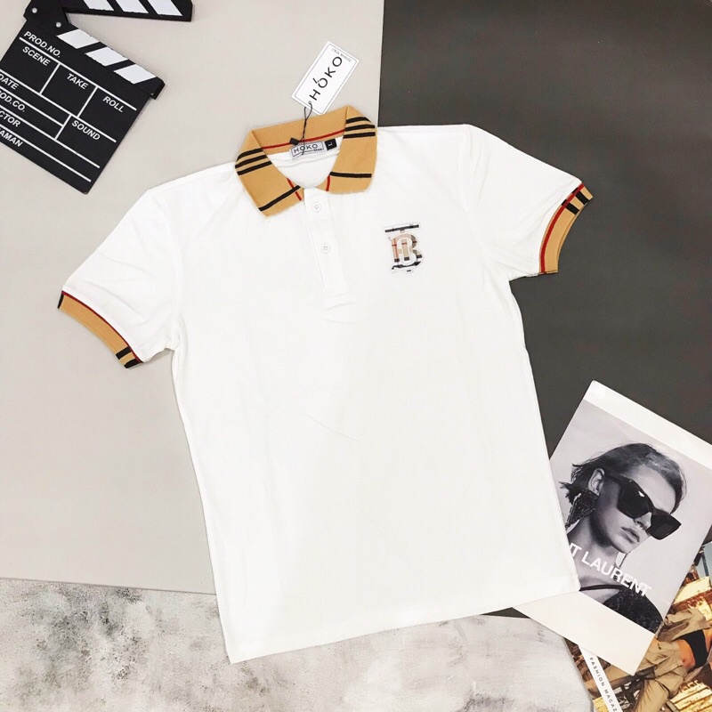 Áo thun nam cổ trụ tay ngắn thêu chữ B phối cổ viền áo chất cotton thoáng mát thời trang mùa hè hot trend 2022