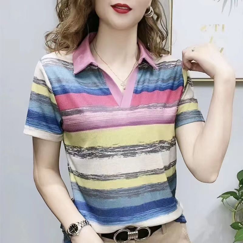 Áo Thun polo Ngắn Tay Họa Tiết Sọc Ngang Thời Trang Dành Cho Nữ