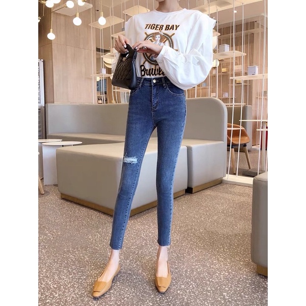 Quần Jean Nữ Topshop Co Giãn Cao Cấp Lưng cao Rách Gối