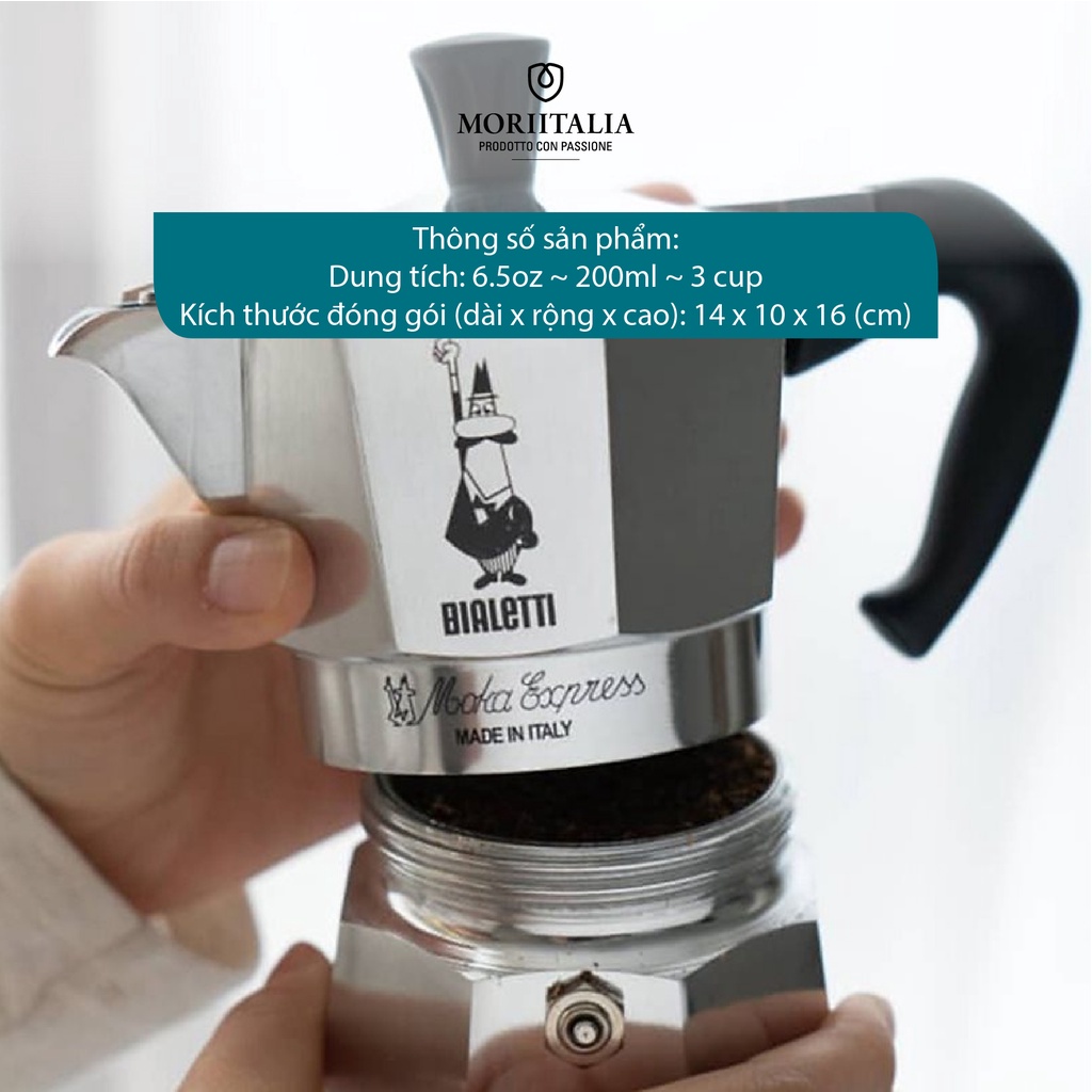 Bình pha cà phê Bialetti chính hãng 100% xuất xứ Ý, Moka 3 cup, chất liệu nhôm cao cấp Moriitalia 990001162