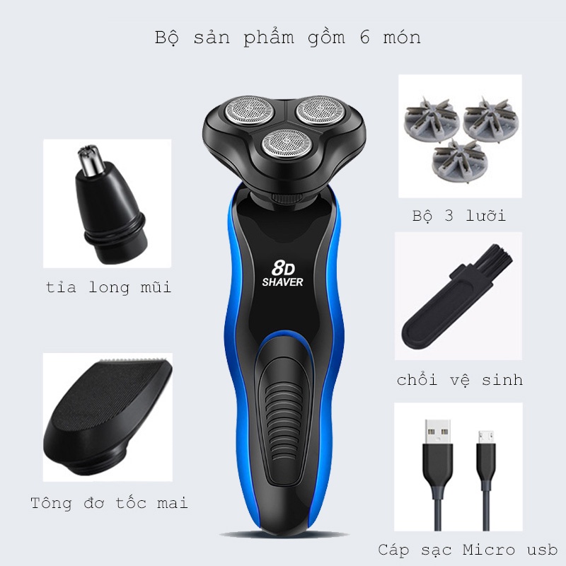 Máy cạo râu điện 8D SHAVER 3 lưỡi dao cầm tay cạo râu mạnh mẽ sạc pin độc lạ sang trọng