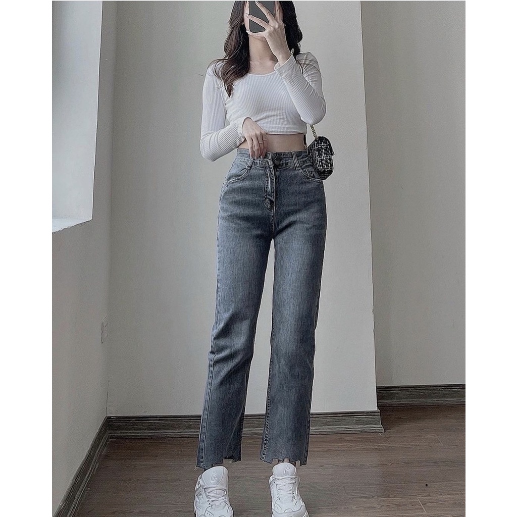 Quần jeans nữ ống đứng xẻ gấu mác hồng FANEGU MÃ 2401 ( KÈM ẢNH THẬT )