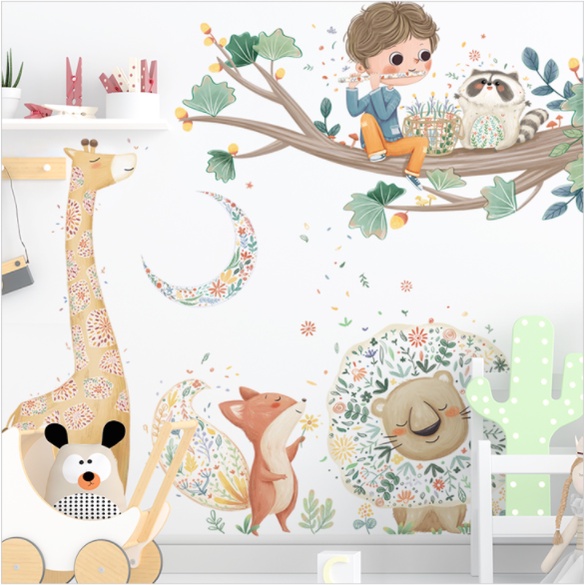 Decal trang trí tường - Cậu bé ngồi thổi sáo cùng những người bạn thú