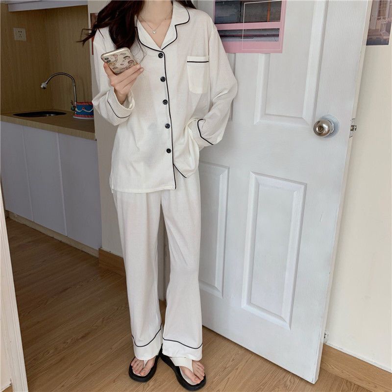 Bộ Đồ Ngủ Cotton Trắng Đen Thời Trang Thu Hàn Quốc Thoải Mái Cho Nữ