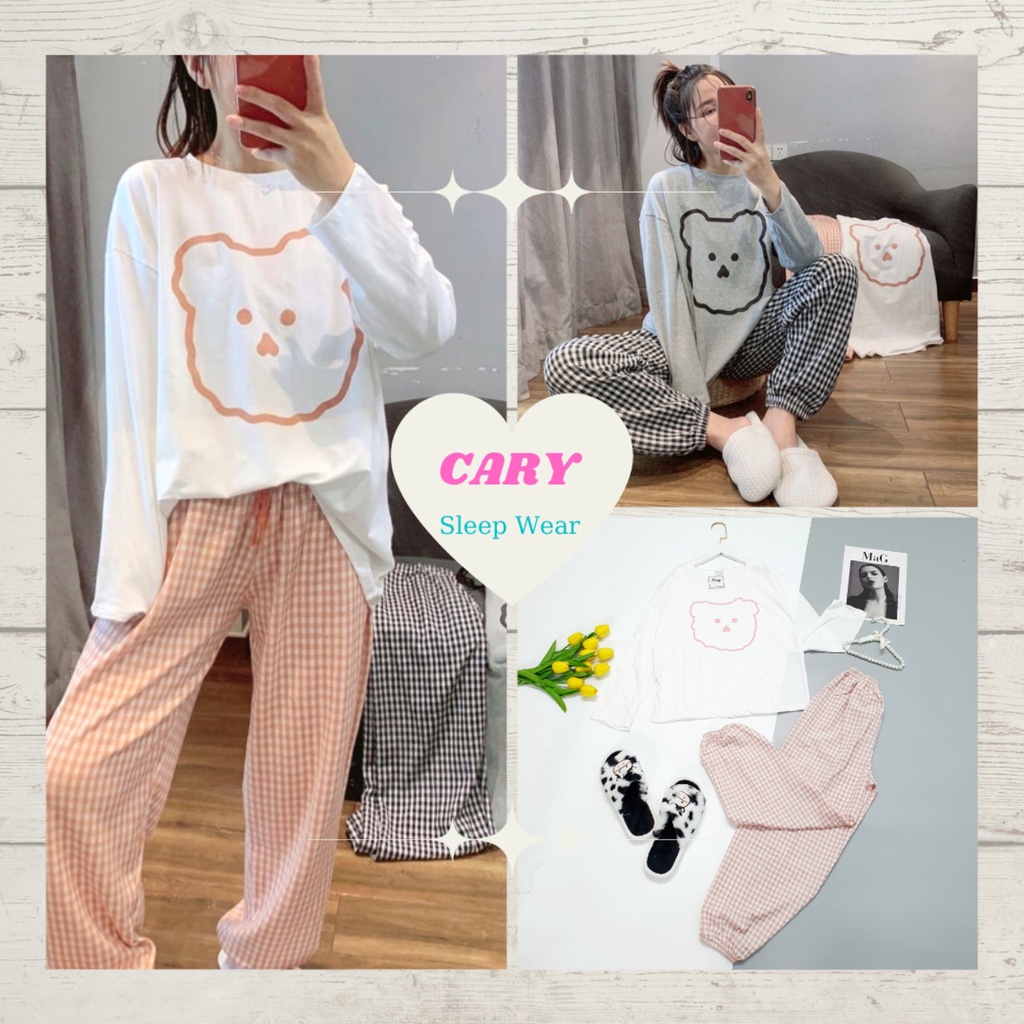 Đồ bộ nữ hình gấu sọc caro siêu xinh , bộ đồ ngủ thu đông pyjama dài tay mặc nhà CARY