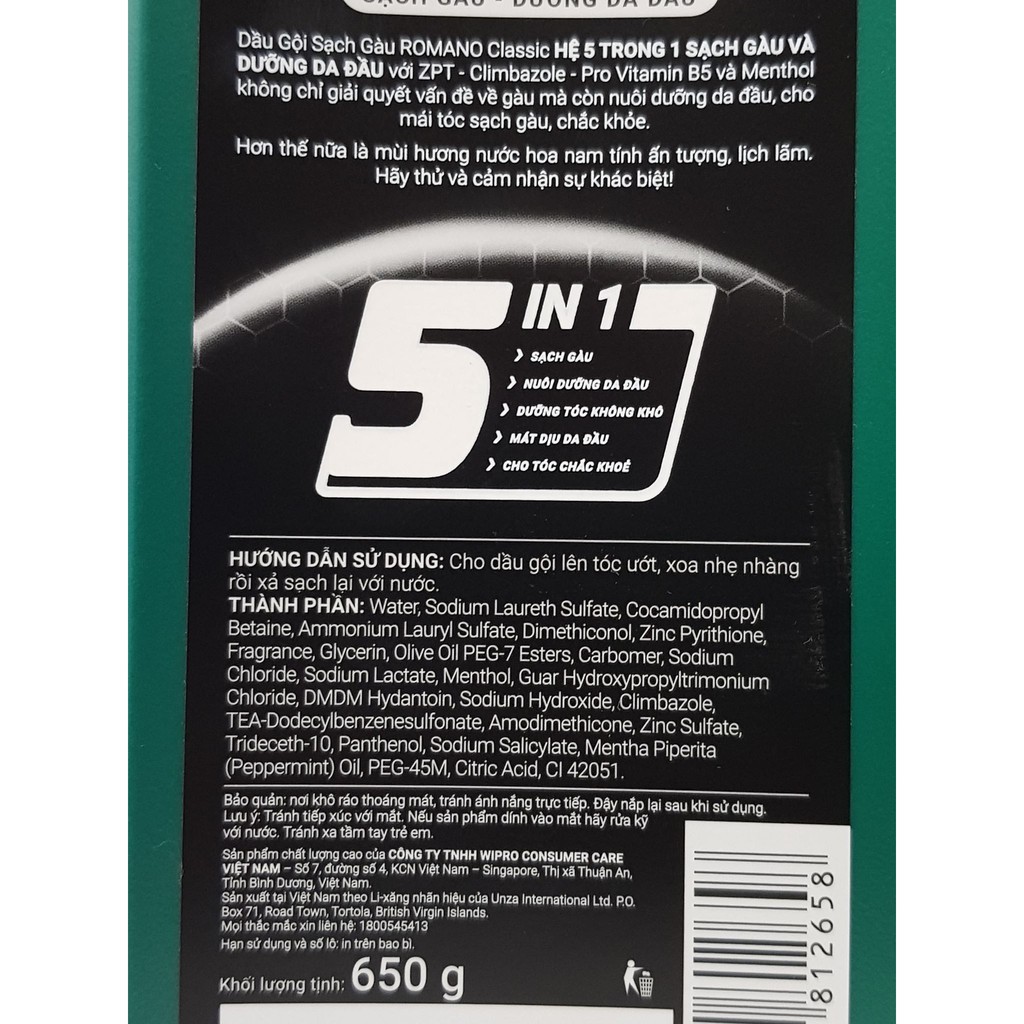 Dầu Gội Sạch Gàu 5 In 1 Romano Classic 650g