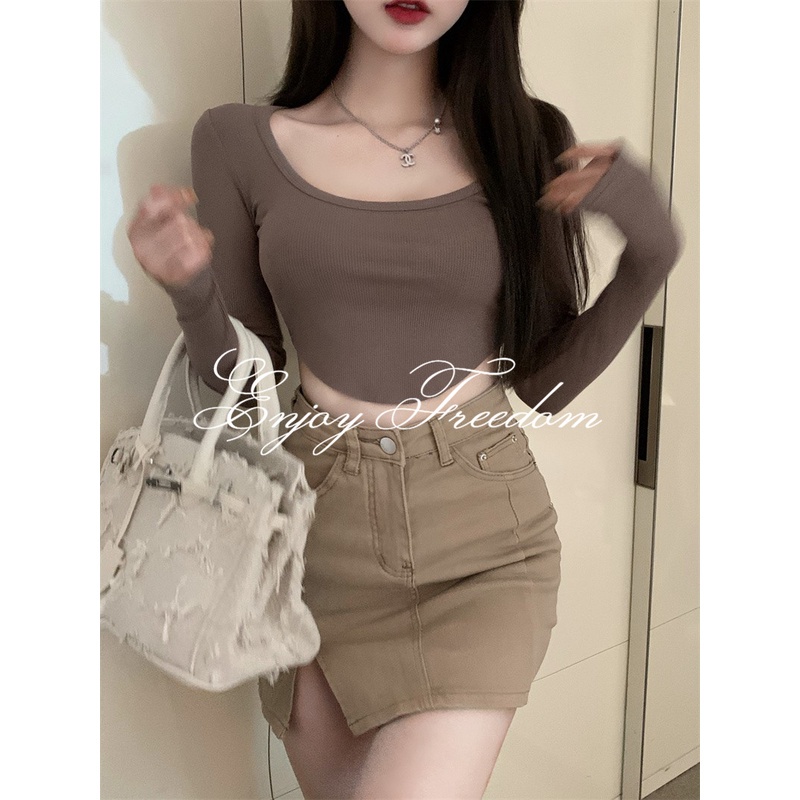 Enjoy Freedom Áo Thun Tay Dài Cổ Chữ U Thiết Kế Không Đồng Đều Thời Trang 2022 Mới Cho Nữ áo croptop