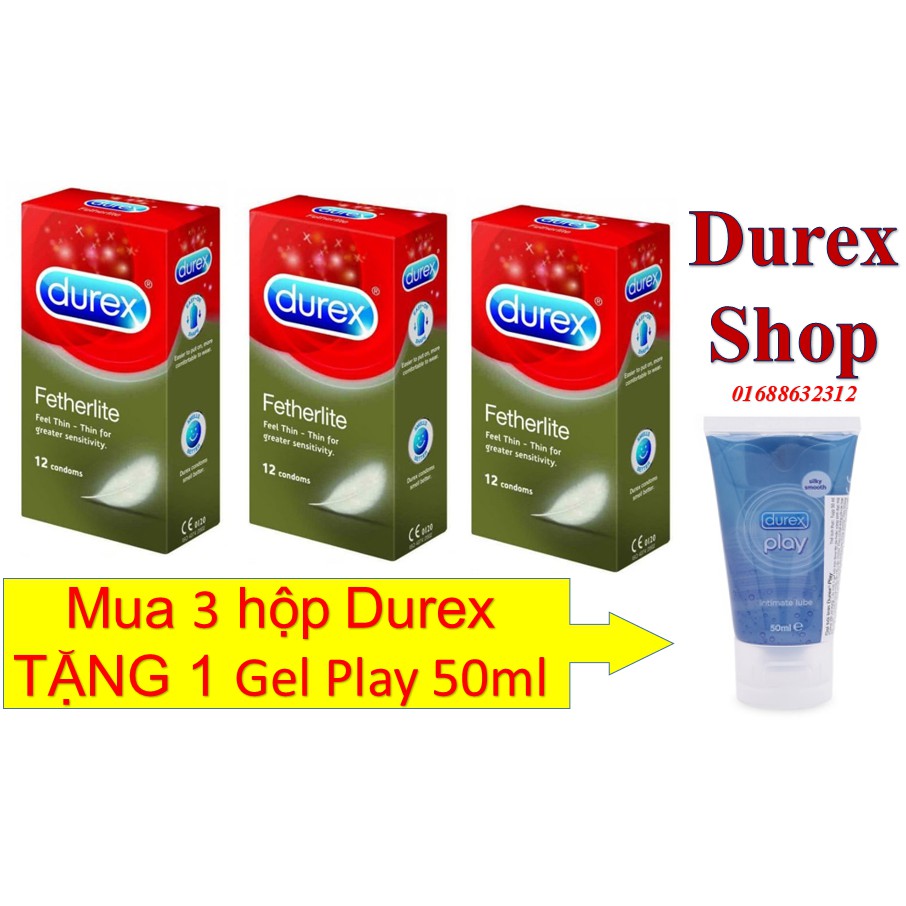 [Sỉ durex][COMBO] 3 hộp Bao cao su Durex Fertherlite TẶNG Gel Play