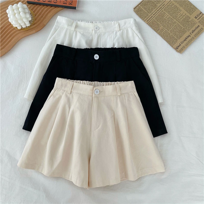 COZOK Quần Short Lưng Cao Ống Rộng Màu Sắc Trơn Phong Cách Hàn Quốc