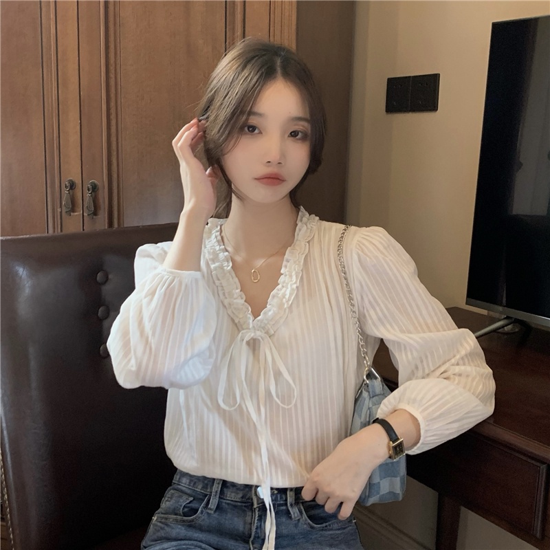 SUXI Áo Sơ Mi Trắng Tay Dài Cổ Chữ V Dáng Rộng Phong Cách Hàn Quốc Thời Trang Mùa Thu Cho Nữ