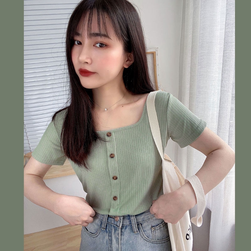 Áo Thun Tay Ngắn Cổ Vuông Dáng Ôm Phong Cách Retro