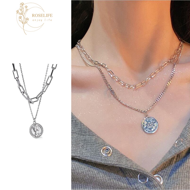 Vòng cổ Hai Lớp Mặt Hình Đồng Xu Cổ Điển Cho Nữ