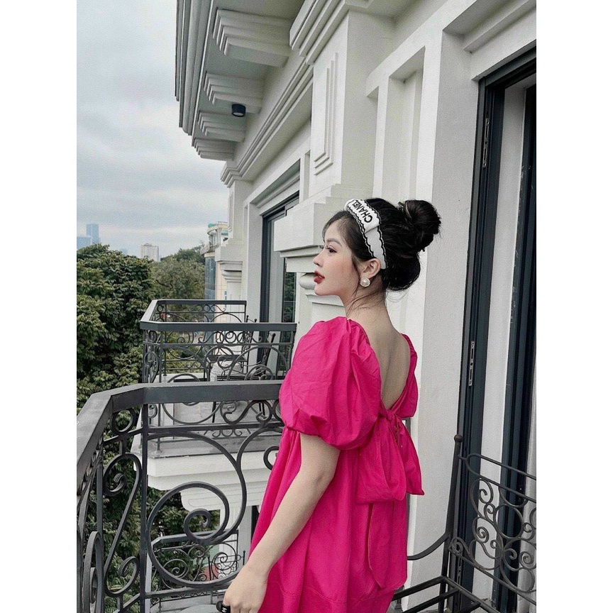 đầm baby lụa chéo cổ vuông kiểu hở lưng tay ngắn bồng