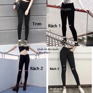 Quần jeans ôm đen LƯNG CAO CO DÃN trơn rách không phai màu nữ có big size THOMPHAMSHOP