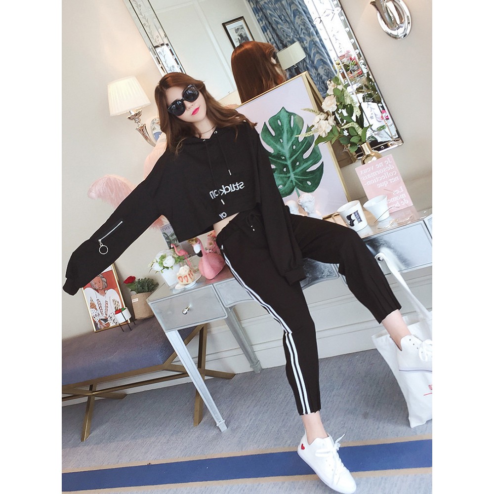 Set bộ nữ thu đông áo dài tay croptop có mũ quần dài may gấu xếp phông cách hiphop năng động