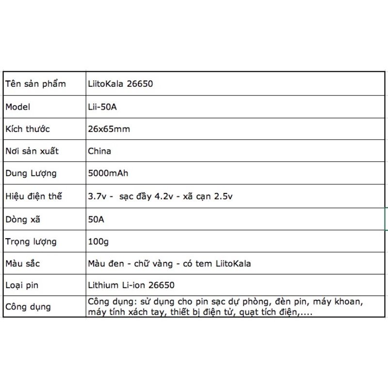 Pin sạc Liitokala Lii-50A 3.7 V 26650 5000 mah Dung Lượng