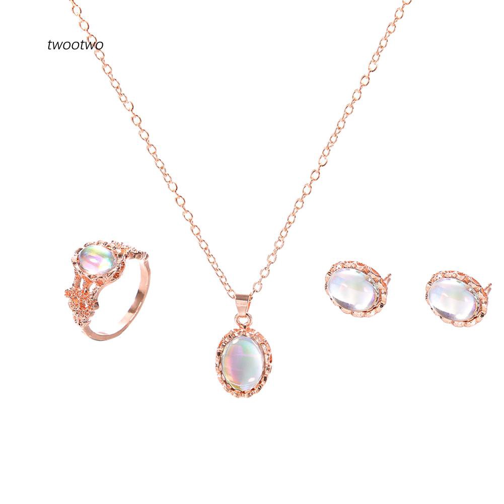 Bộ Dây Chuyền + Nhẫn + Đôi Bông Tai Mặt Đá Opal Nhân Tạo Đẹp Mắt Cho Nữ