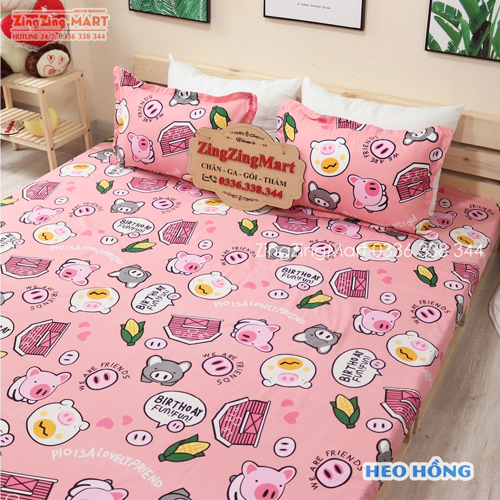 Bộ Ga Gối Poly Heo Hồng | Bộ Drap giường Ga trải giường ( 1 ga + 2 vỏ áo gối ) - ZingZingMart